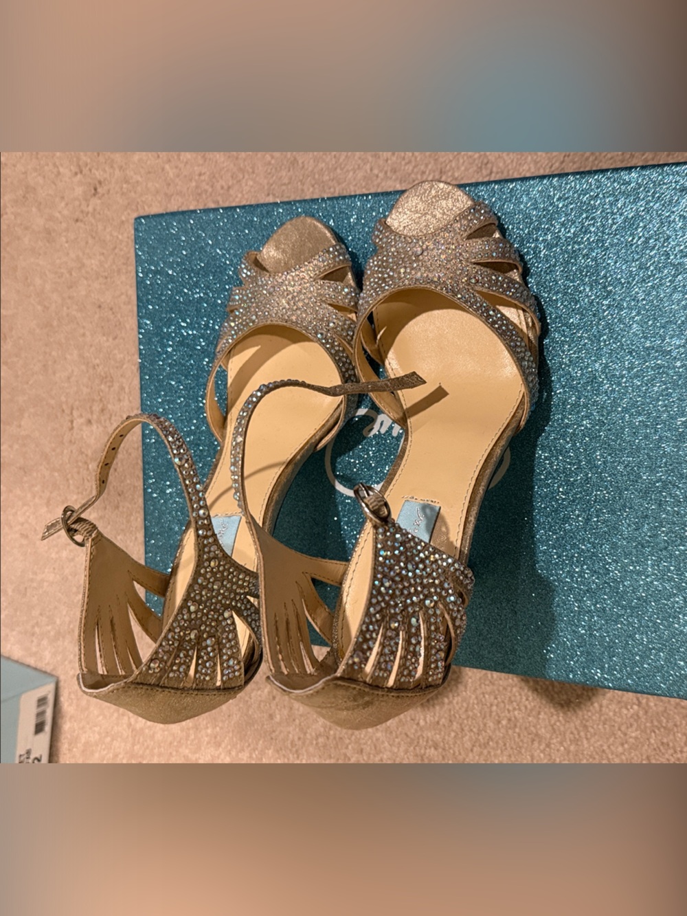 Betsey Johnson Gold Glitter Rhinestone Ankle-Strap Heels